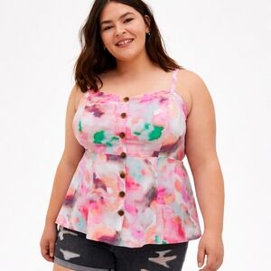 Torrid 100% Rayon Pink Floral Watercolor Button Front Sleeveless Top Plus Size